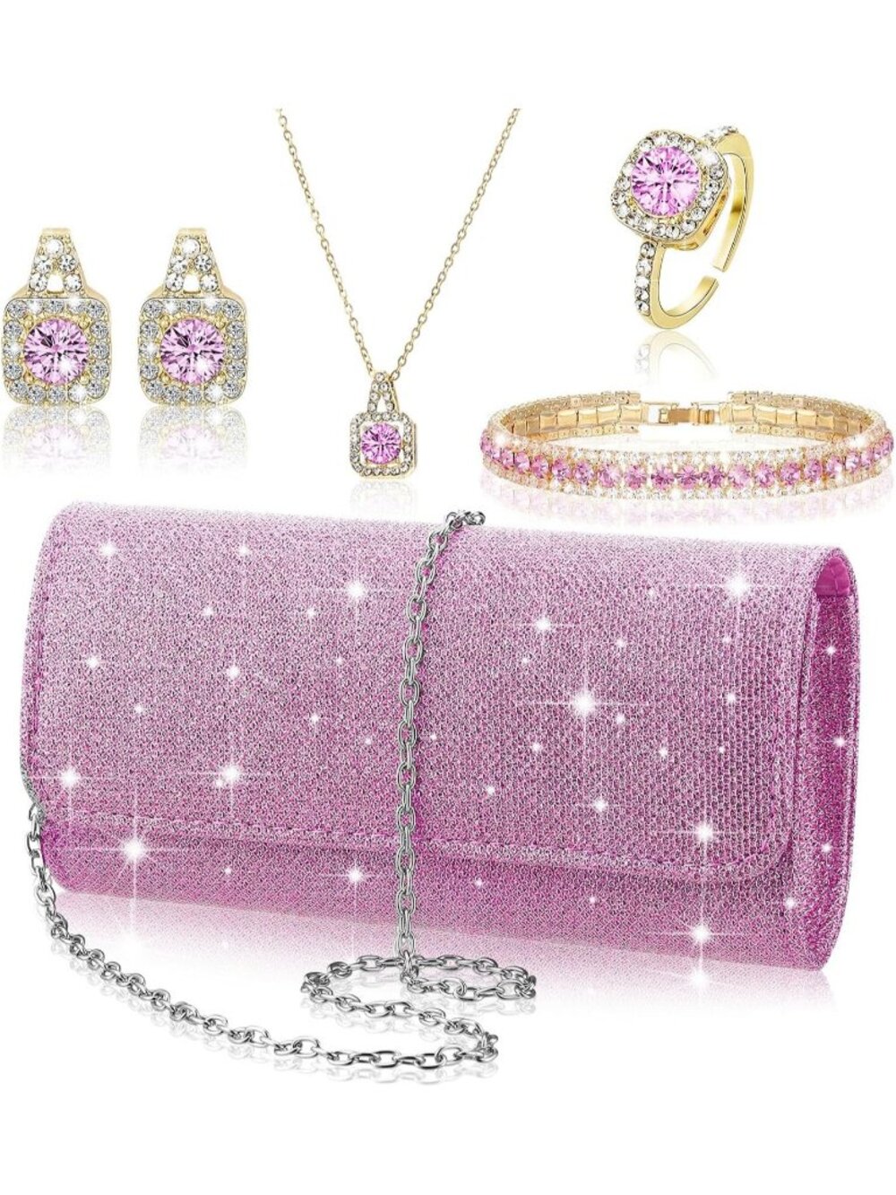 Women's Pink 5pc Rhinestone Jewelry Set Clutch Purse Crystal Wedding Prom